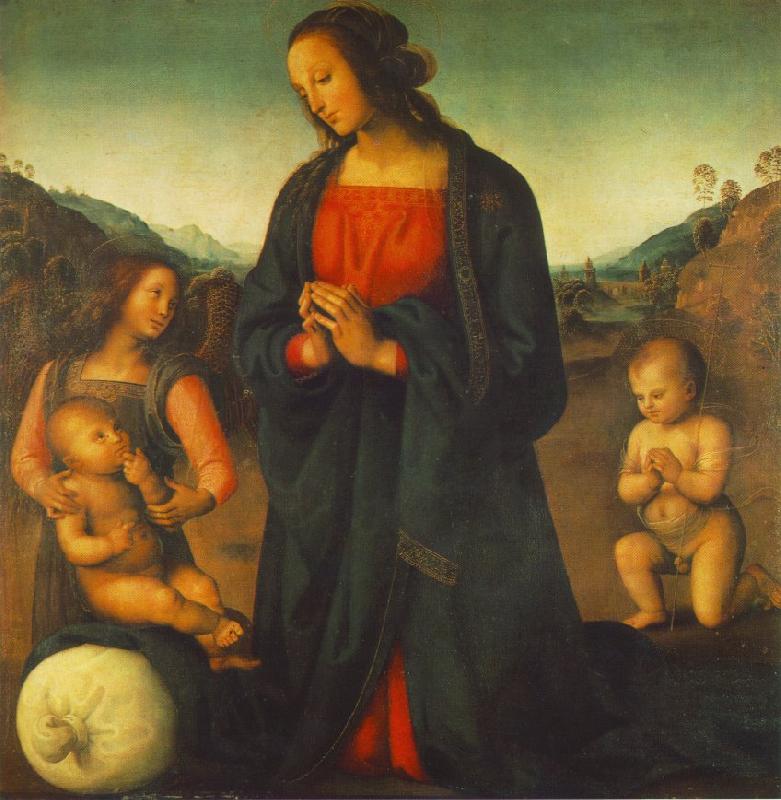 PERUGINO, Pietro Madonna, an Angel and Little St John Adoring the Child (Madonna del sacco) R oil painting image